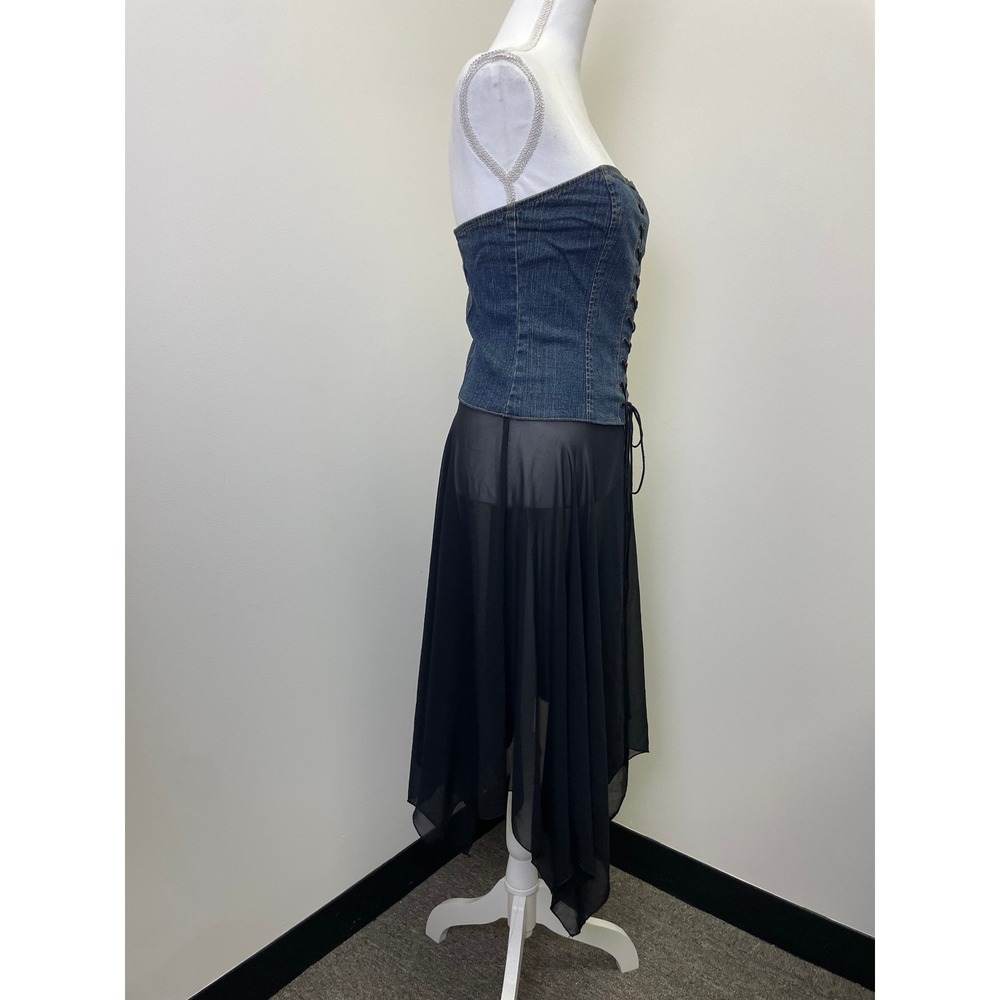 Sole Mio Y2K Denim Corset Top M Lace Up Asymmetrical Sheer Chiffon Whimsigoth - Picture 2 of 14